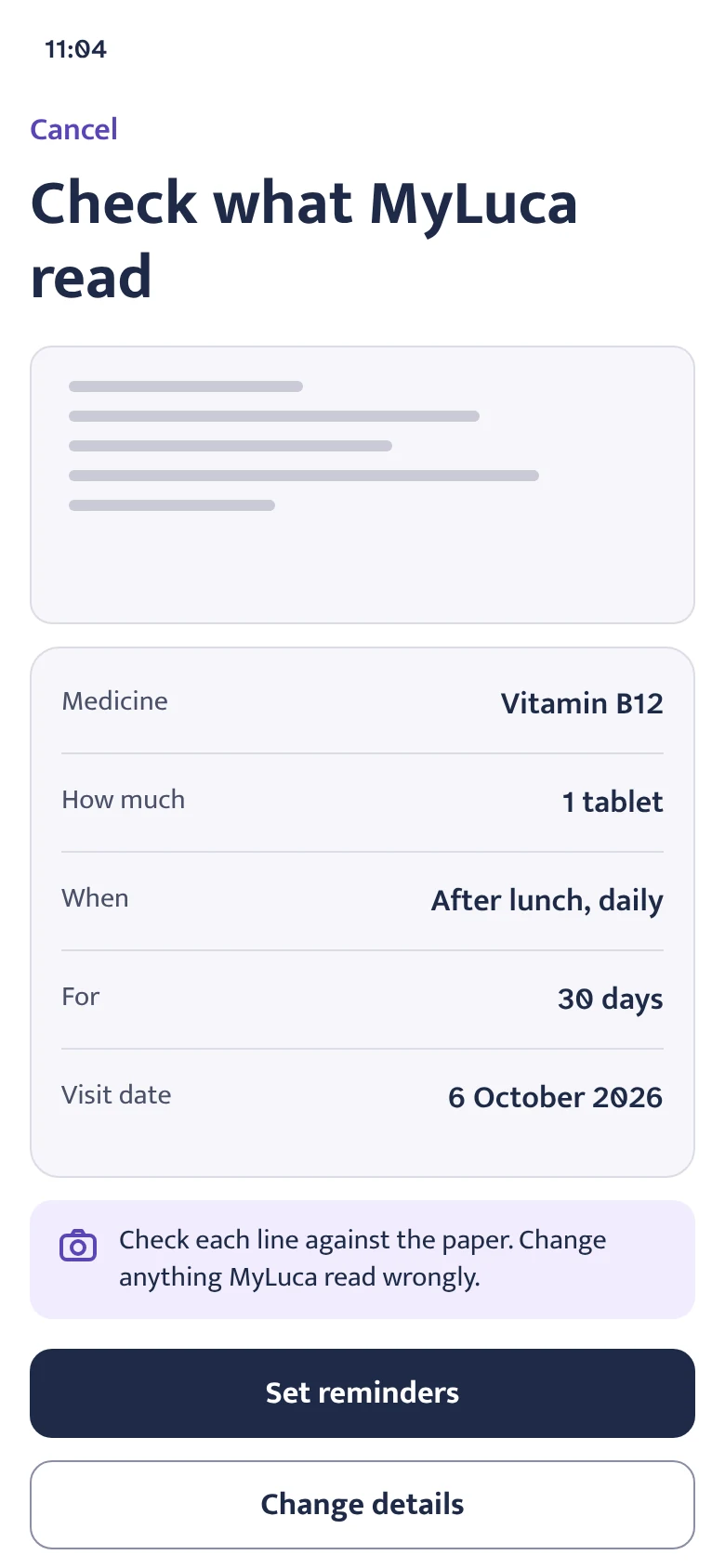 The Check what MyLuca read screen after photographing a prescription: Vitamin B12, 1 tablet, after lunch daily, for 30 days, with a reminder to check each line against the paper and a Set reminders button.
