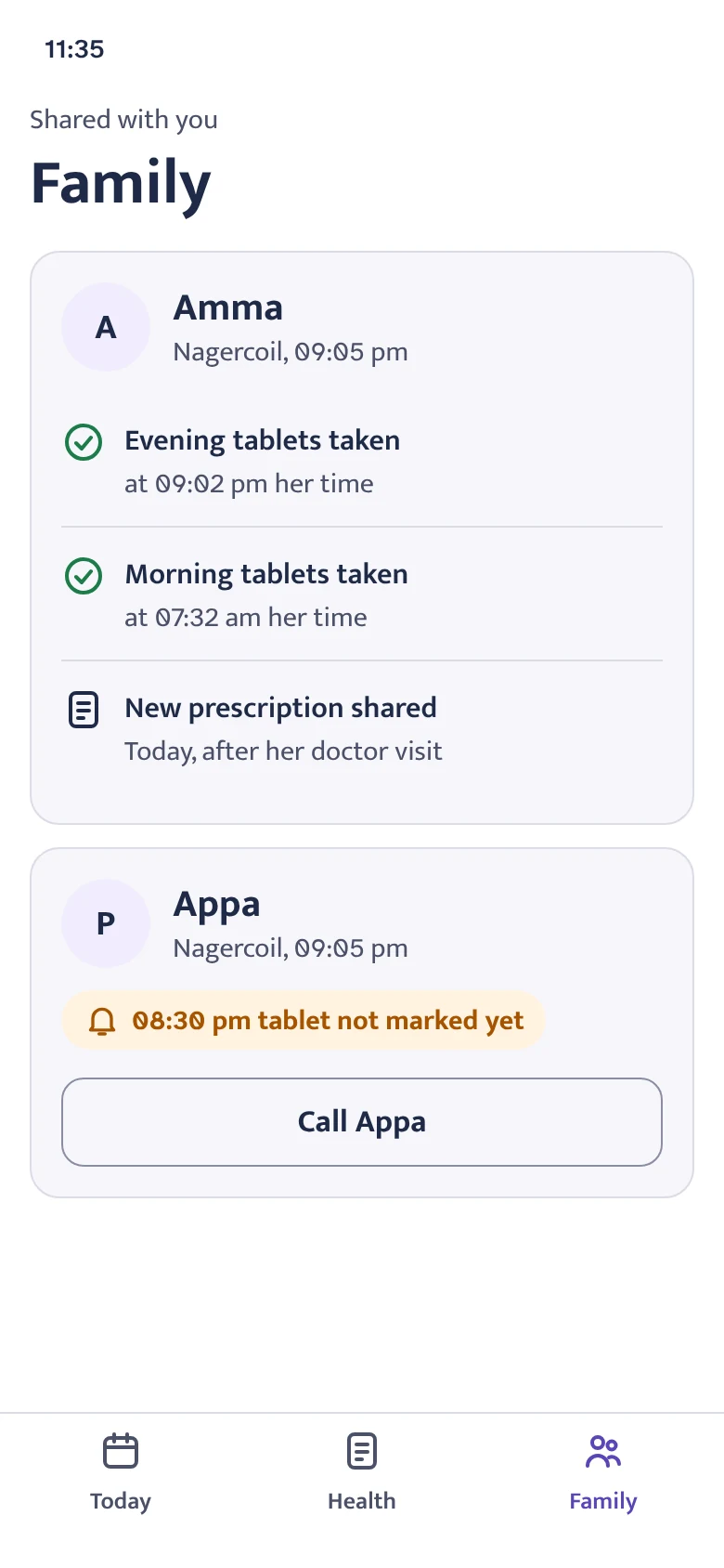 The Family screen seen from abroad: Amma's evening and morning tablets taken, a new prescription shared after her doctor visit, and Appa's 08:30 pm tablet not marked yet, with a Call Appa button.